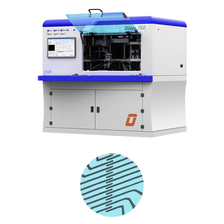 Système d'écriture laser Dilase 750 avec vitre ouverte et exemples d'application