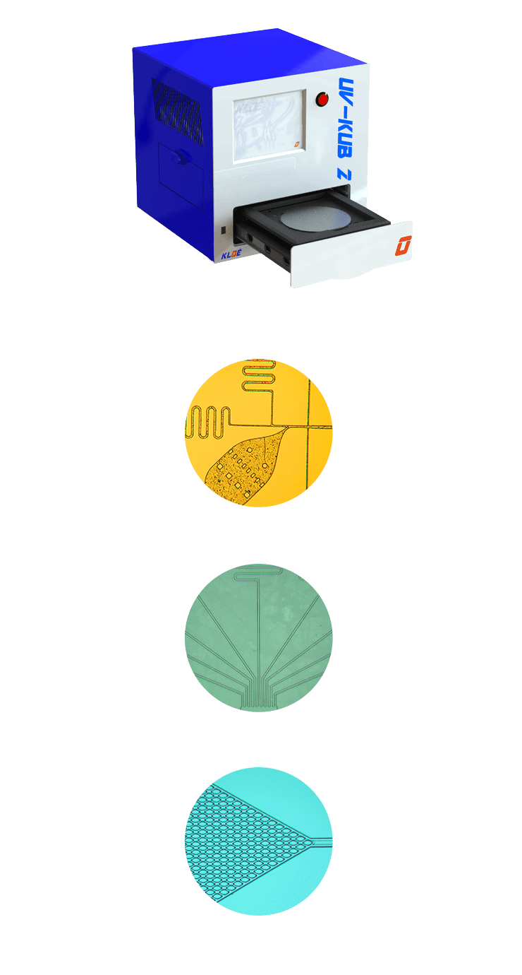 Insolateur-masqueur à LED-UV UV-KUB 2 avec tiroir ouvert et exemples d'applications