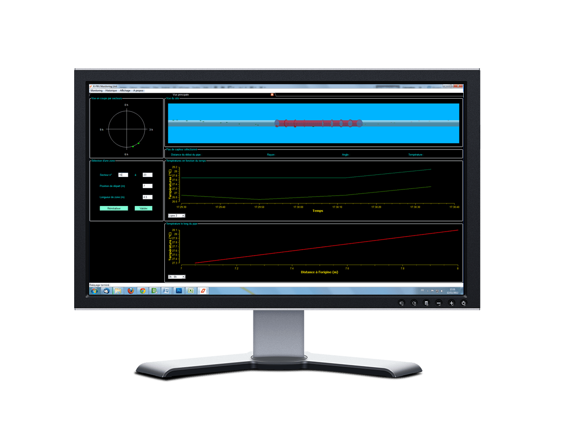 Computer screen with software controlling optical fiber sensor K-FBG